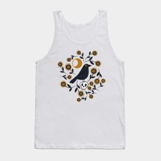 Crow on Skull under the Moon Surrounded by Flowers Tank Top